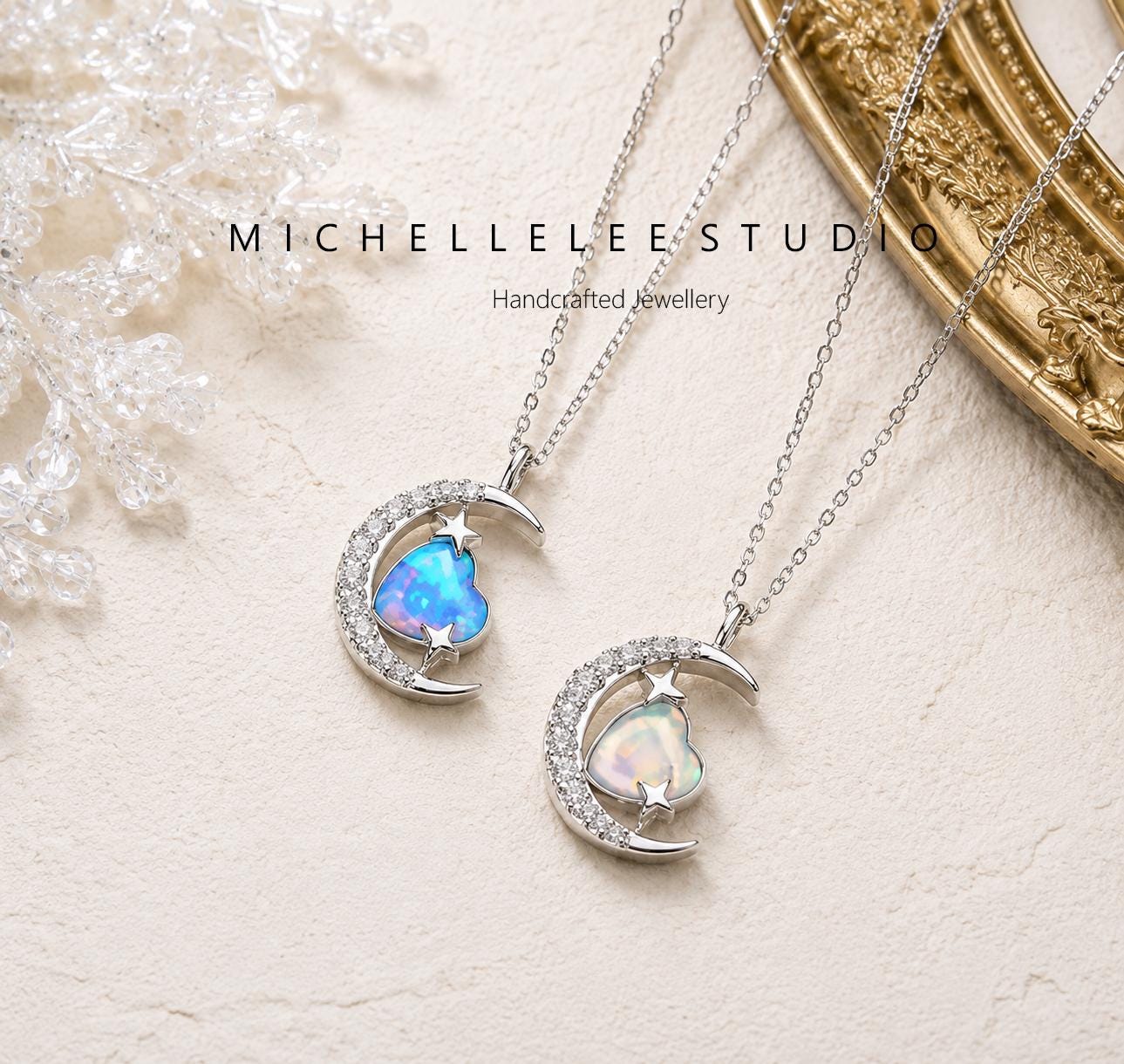 Opal Moon Heart Necklace, Sterling Silver Celestial Necklace, CZ