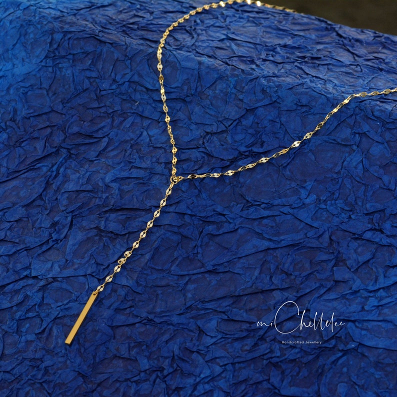 Collier ras du cou en or Y avec chaîne sur le devant, collier en Y en acier inoxydable, collier à paillettes dorées, bijoux délicats image 3