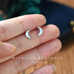 White Opal Moon Stud Earrings, Sterling Silver Crescent Moon - Etsy