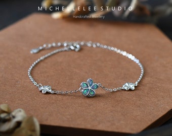 Blue Opal Flower Bracelet, Sterling Silver Flower Bracelet, Fire Opal Flower Bracelet, Forget Me Not, Gift for her