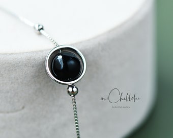 Minimalist Natural Black Onyx Ball Bracelet, Sterling Silver Gemstone Bracelet, Birthday gift for her