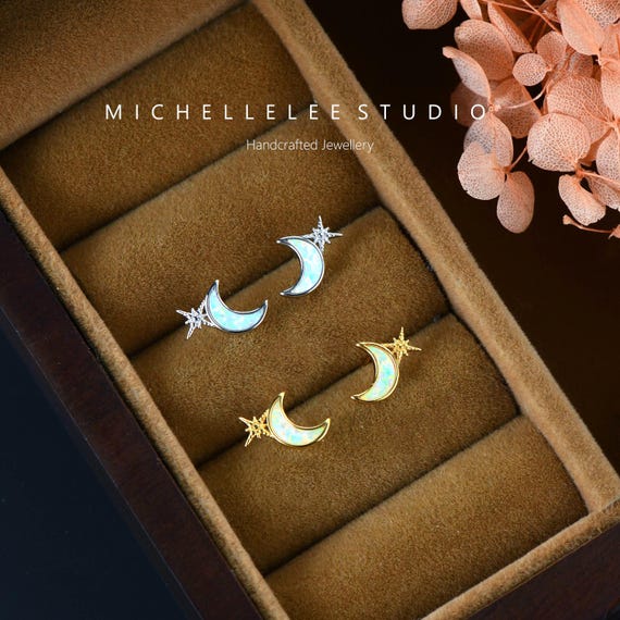Crescent Moon Opal Stud Earrings