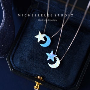 Opal Moon and Star Necklace, Fire Opal Crescent Moon Pendant Necklace in Sterling Silver, White and Blue Opal Necklace, Star Necklace