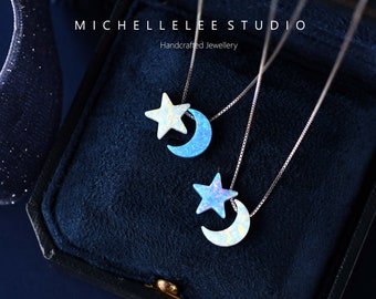 Opal Moon and Star Necklace, Fire Opal Crescent Moon Pendant Necklace in Sterling Silver, White and Blue Opal Necklace, Star Necklace