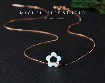 Opal Flower 925 Sterling Silver Necklace, Fire Opal Daisy Flower