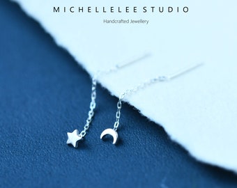 Fil d'oreilles lune, fils d'oreilles étoiles, petits fils d'oreilles lune et étoile en argent sterling, fils d'oreille gouttelettes, minimaliste