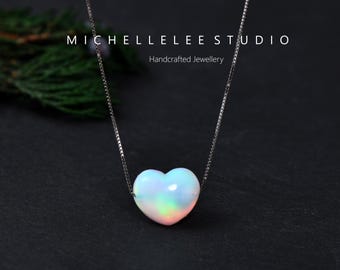 Large Yellow Heart Opal Necklace, 3D Fire Opal Heart Necklace With