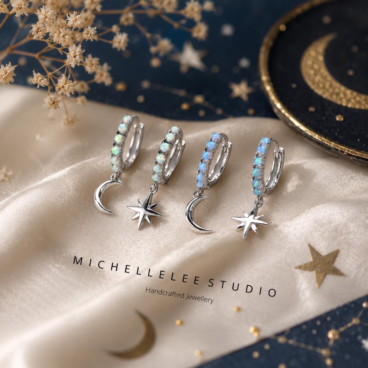 Opal Moon Star Huggie Earrings, Sterling Silver Celestial Hoop