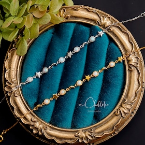 Tornozeleira de opala branca com lua e estrela, tornozeleira de prata esterlina com contas de opala de fogo, lua crescente, presente para ela, pedras do mês de outubro