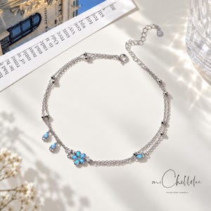 Blauer Opal Blume Anklet, Sterling Silber Blätter Kette, Double Layer Schmuck