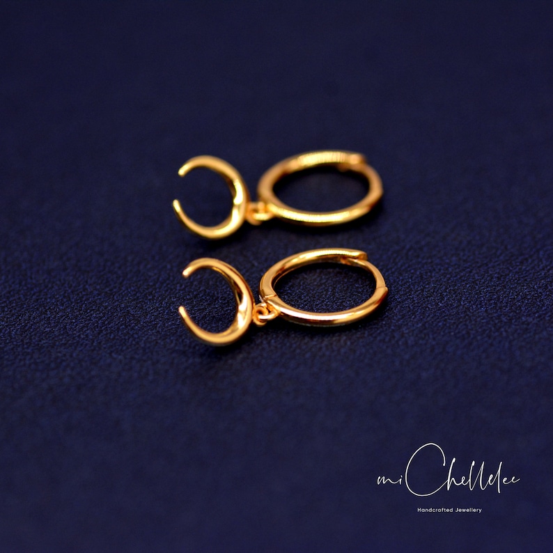Sterling Silver Moon Huggie Hoop Earrings,Horn Dangle Drop Earrings,Tiny Hoops in Gold and Silver Minimalist Earrings