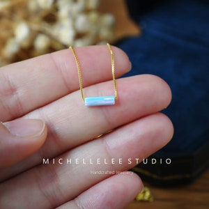 Opal Bar Pendant Necklace, Fire Opal Round Bar and Square Bar Choker, White and Blue Opal Necklace, Gift for Her, October Birthstone