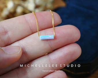 Opal Bar Pendant Necklace, Fire Opal Round Bar and Square Bar Choker, White and Blue Opal Necklace, Gift for Her, October Birthstone