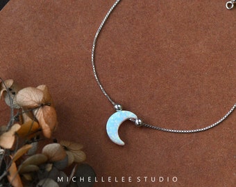 Opal Crescent Moon Sterling Silver Bracelet, October Birthstone