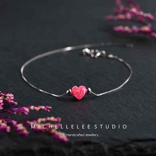 Dainty Heart Opal Bracelet, Fire Opal Bracelet, Love Heart