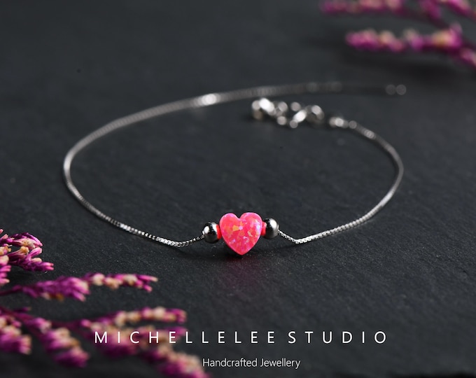 Dainty Heart Opal Bracelet, Fire Opal Bracelet, Love Heart Bracelet with Sterling Silver Chain, Gift for Her