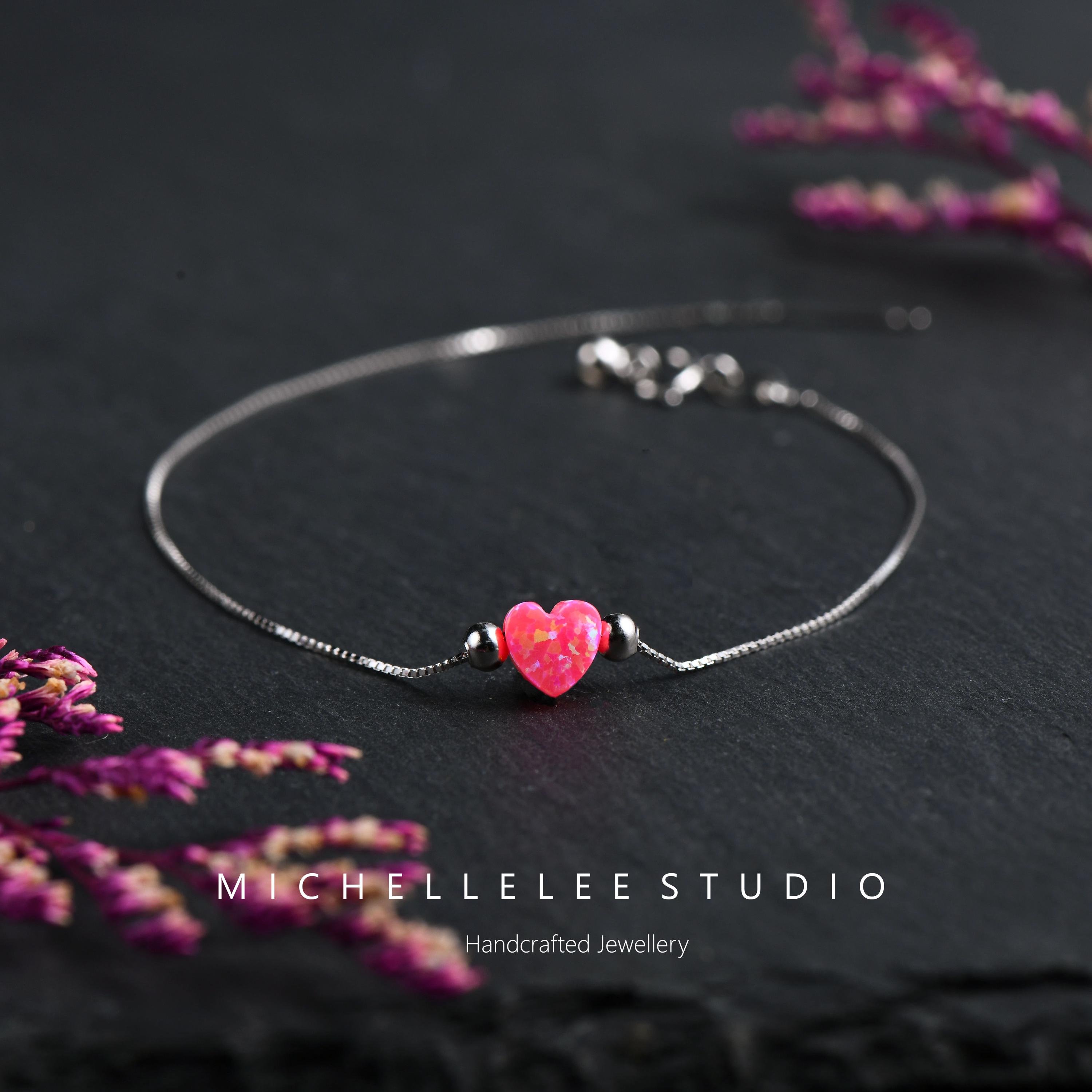 Dainty Heart Opal Bracelet, Fire Opal Bracelet, Love Heart