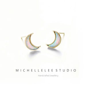 Sterling Silver White Opal Moon Stud Earrings – Tiny Crescent Shape, Butterfly Closure - View #2