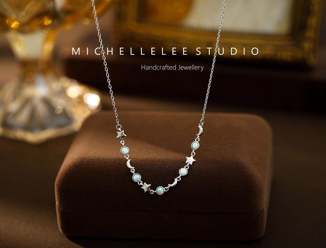 White Opal Moon and Star Sterling Silver Necklace - Etsy
