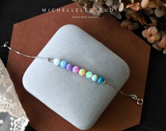 Pulsera de cuentas de ópalo diminuto de personalización, pulsera de bolas de ópalo multicolor, pulsera de plata de ley de piedras preciosas delicadas, piedra de nacimiento de octubre