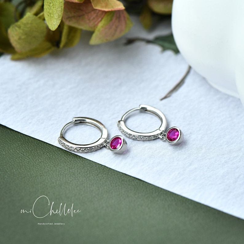 Sterling Silver Huggie Hoops with Crystal Charm, CZ Crystal Hoops Earrings, Tiny Circle Charm Earrings image 7