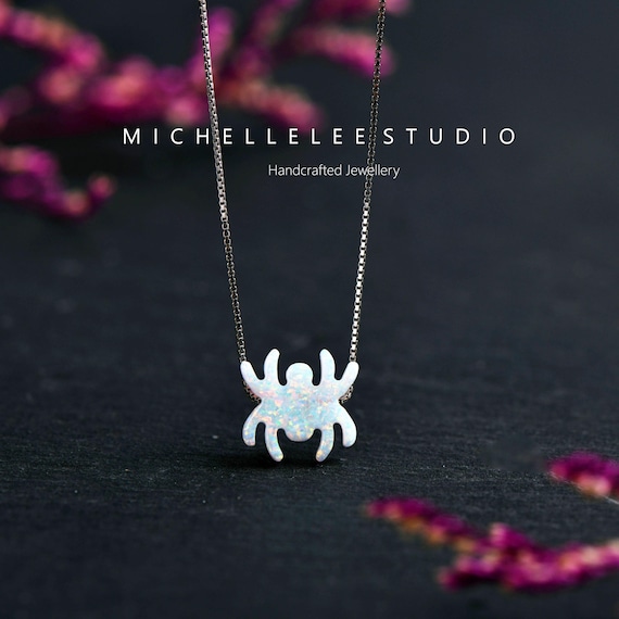 Halloween Spider Opal Necklace, Fire Opal Tarantula Necklace, White and Black Opal Necklace with Sterling Silver Chain, Opal Jewellery