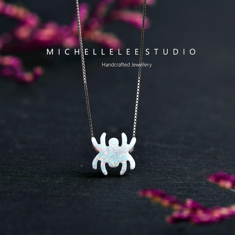 May include: A silver chain necklace with a white opal spider pendant. The pendant is a simple silhouette of a spider with eight legs. The necklace is on a black background with pink flowers.