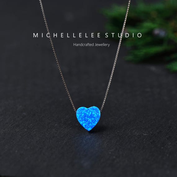 Dainty Blue Heart Opal Necklace, Fire Opal Necklace, Love Heart Necklace with Sterling Silver Chain, Gift for Her