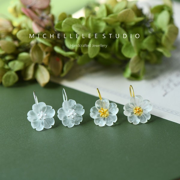 Dainty Daisy Flower Hook Earrings in Sterling Silver, Natural White Crystal Flower Hoop Earrings