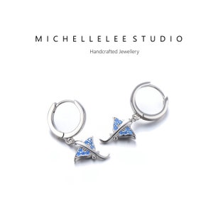 Manta Ray Huggie Hoops Earrings with Blue CZ Crystals, Sterling Silver Stingray Earrings, Sea Animal Earrings