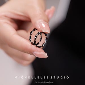 Black Twist Huggie Hoop Earrings in Sterling Silver, Mobius Hoops Earrings