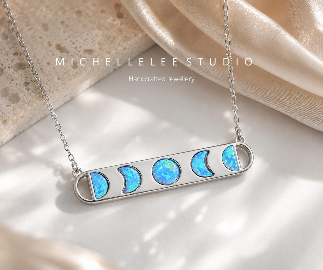 Moon Phase Necklace 925 Sterling Silver, White Opal Celestial Bar ...