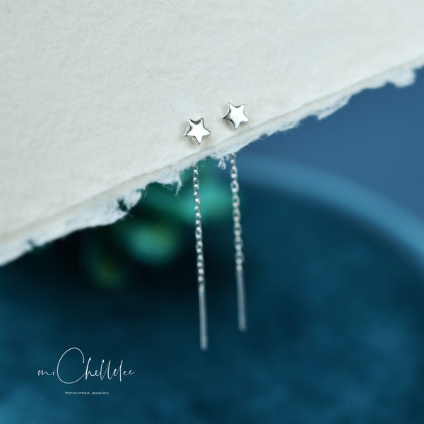 Super Tiny Star Ear Threaders, Sterling Silver Star Threaders, Droplet Ear Threaders, minimalistisch