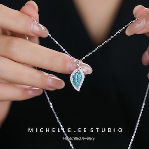 Dainty Fire Opal Leaf Sterling Silver Necklace, White and Blue Opal Necklace, Leaves Necklace, Gift for her