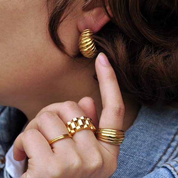 Zierlicher Gold und Silber Dome Ring, Edelstahl Uhrenarmband Ring,Rolex Style Chunky Ring, Cuban Chain Link Ring,Statement Ring