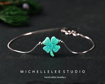 Green Opal Clover Bracelet, 925 Sterling Silver Lucky Charm - Etsy