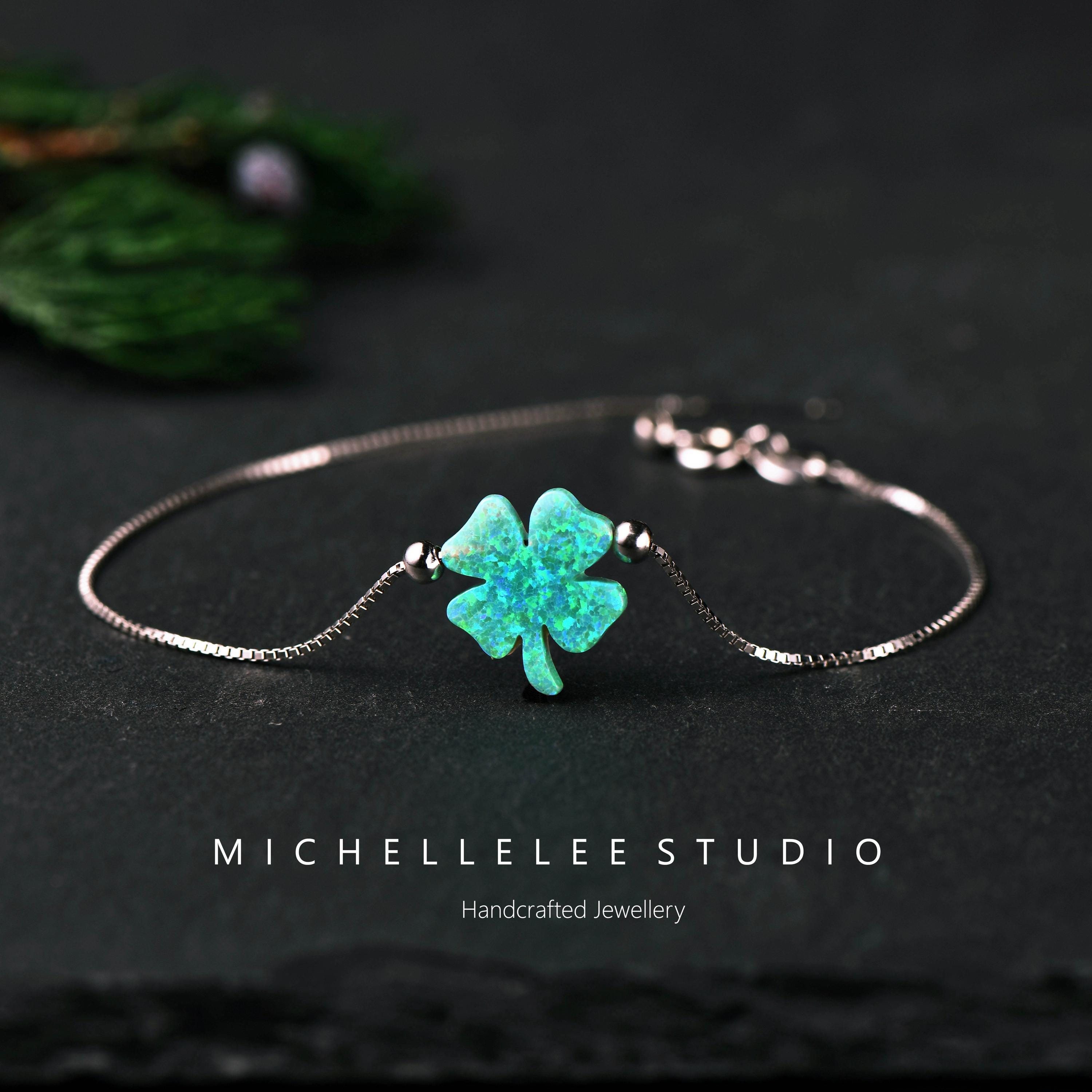 Green Opal Clover Bracelet, 925 Sterling Silver Lucky Charm - Etsy