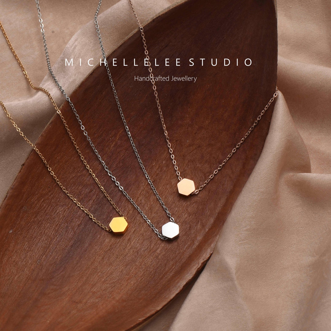 Stainless Steel Hexagon Pendant Necklace, Gold Silver and Rose