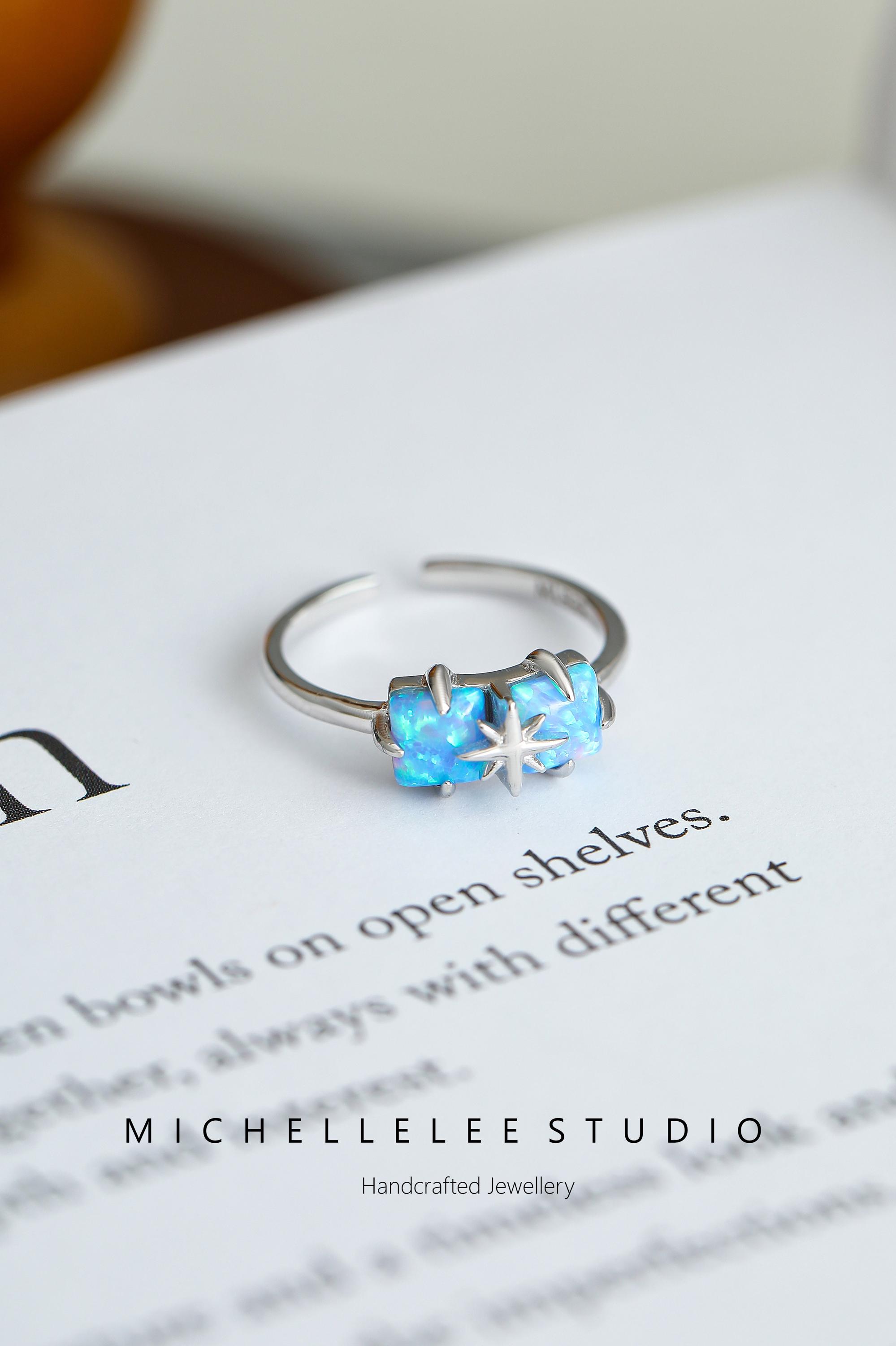 Minimalist Rectangle Opal and Star Adjustable Ring, Starburst Ring, White and Blue Opal Ring, Birthstone