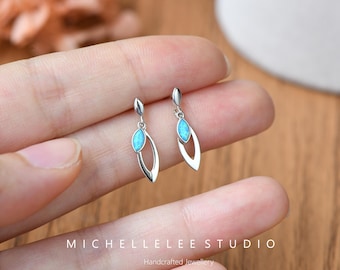 Sterling Silver Marquise Cut Opal Stud Earrings, Blue and White Fire Opal Earrings in Sterling Silver, Double double Layer Earrings