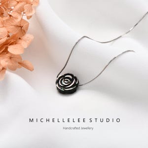 Natural Black Pearl Flower Pendant Necklace, Hand Carved Rose Flower Sterling Silver Necklace, Gift for Her