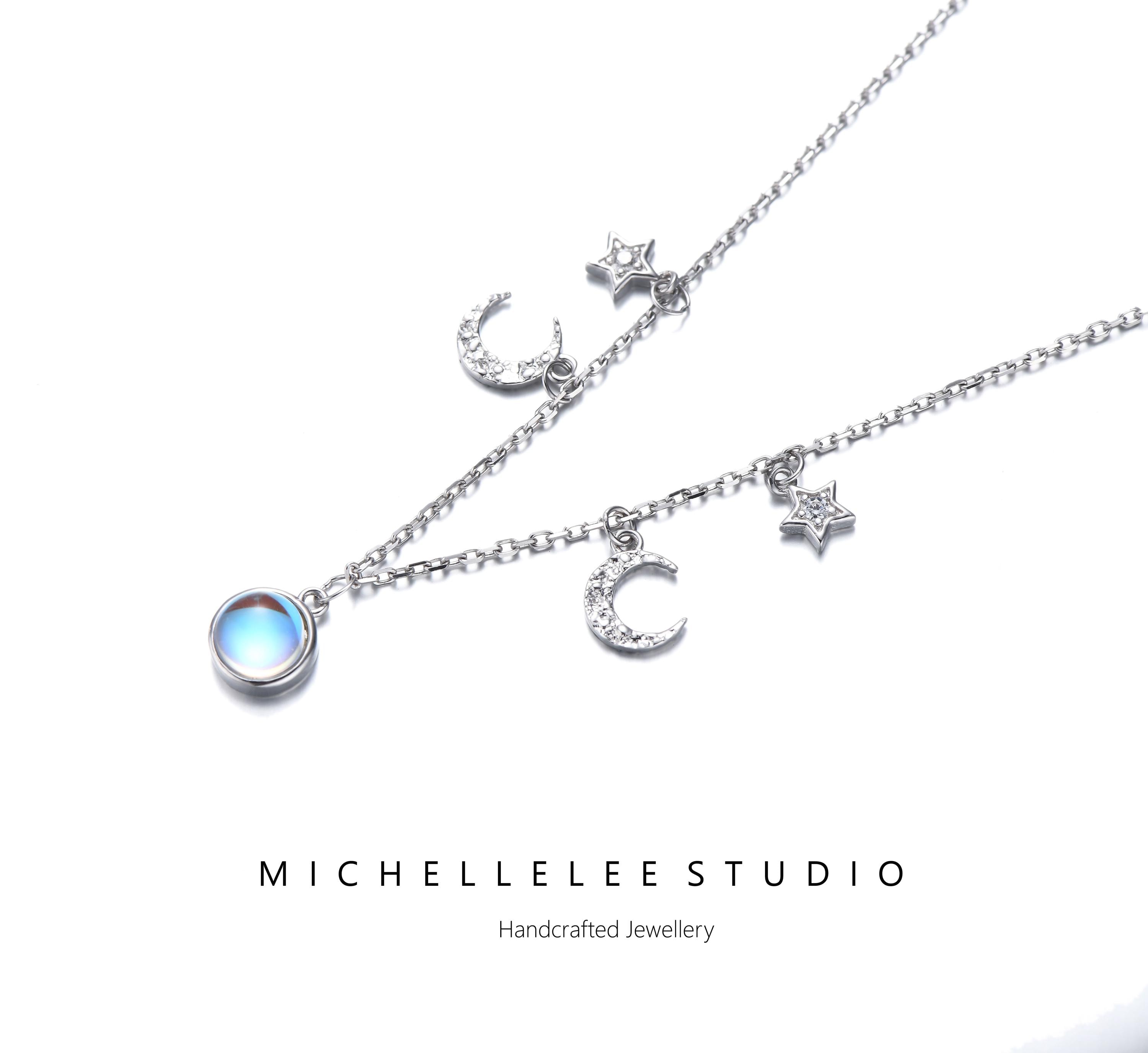 Blue Moonstone Layered Necklace, Moon Star Charm Necklace 
