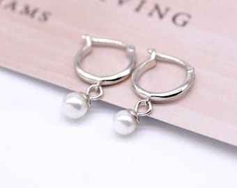 White Pearl Hoops Earrings,Sterling Silver Huggie Hoops Earrings,Geometric Minimalist