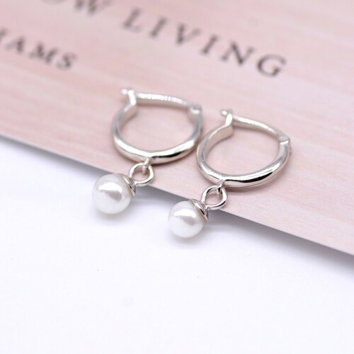 Pearl Hoop Earrings Sterling Silver Drop Pearl Huggie Hoops Etsy