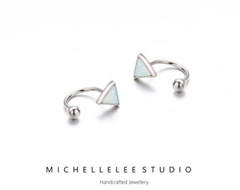 White Opal Triangle Earrings, Fire Opal Triangle Hoop Earrings, Sterling Silver Earrings, Minimalist Geometric