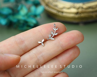 Sterling Silver Mismatched Olive Leaf and seed Stud Earrings, Ear Climber, Delicate Earrings
