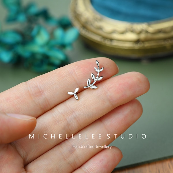 Sterling Silver Mismatched Olive Leaf and seed Stud Earrings, Ear Climber, Delicate Earrings