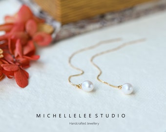 Minimalist Natural Pearl Ear Threaders, Sterling Silver White Pearl Threaders,Dangling Pearl Ear Threaders