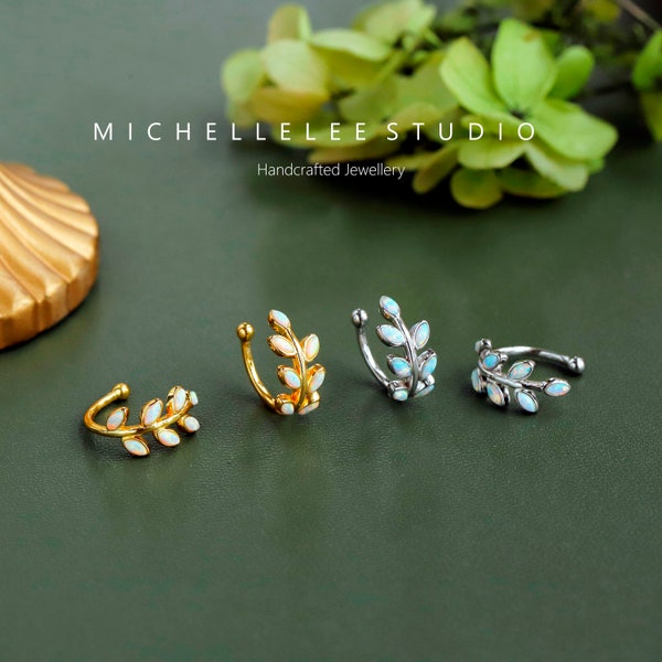 Boucles d'oreilles fines feuilles sans piercing, Tour d'oreilles en opale blanche, Feuille de cristal, Tour d'oreilles rameau d'olivier, Tour d'oreilles fines