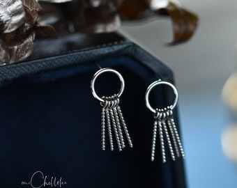 Open Round Stud Earrings with Twist Tassels, Sterling Silver Circle Earrings, Tassel Earrings, Modern Minimalist Design